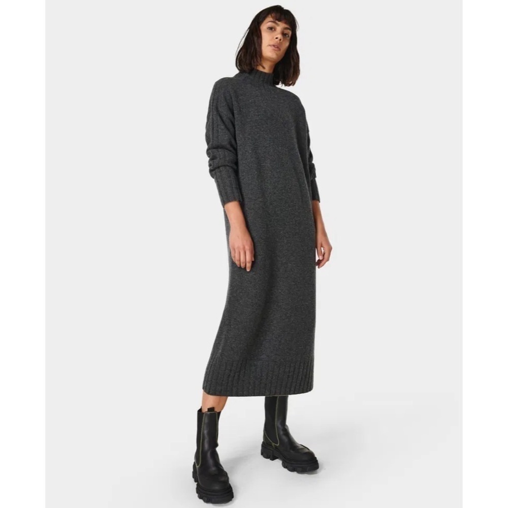 SWEATY BETTY Gray Turtleneck Mountain Wool Midi Dress